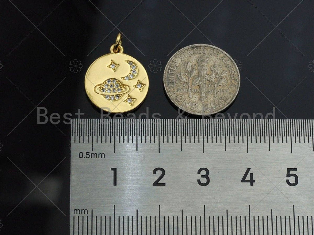 18k Shiny Gold Moon Earth Star On Round Coin Charms, Gold Coin Charms, Moon Pendant, Gold Pendant, Round Necklace Charms, 15x17mm, Sku#Z1170