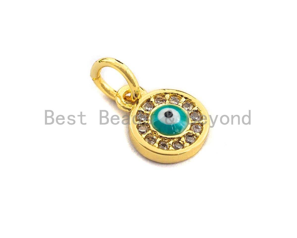 CZ Micro Pave Round Evil Eye on Disc Pendant, Cubic Zirconia Pendant, Silver/Gold Tone, 7x9mm, Sku#Z421