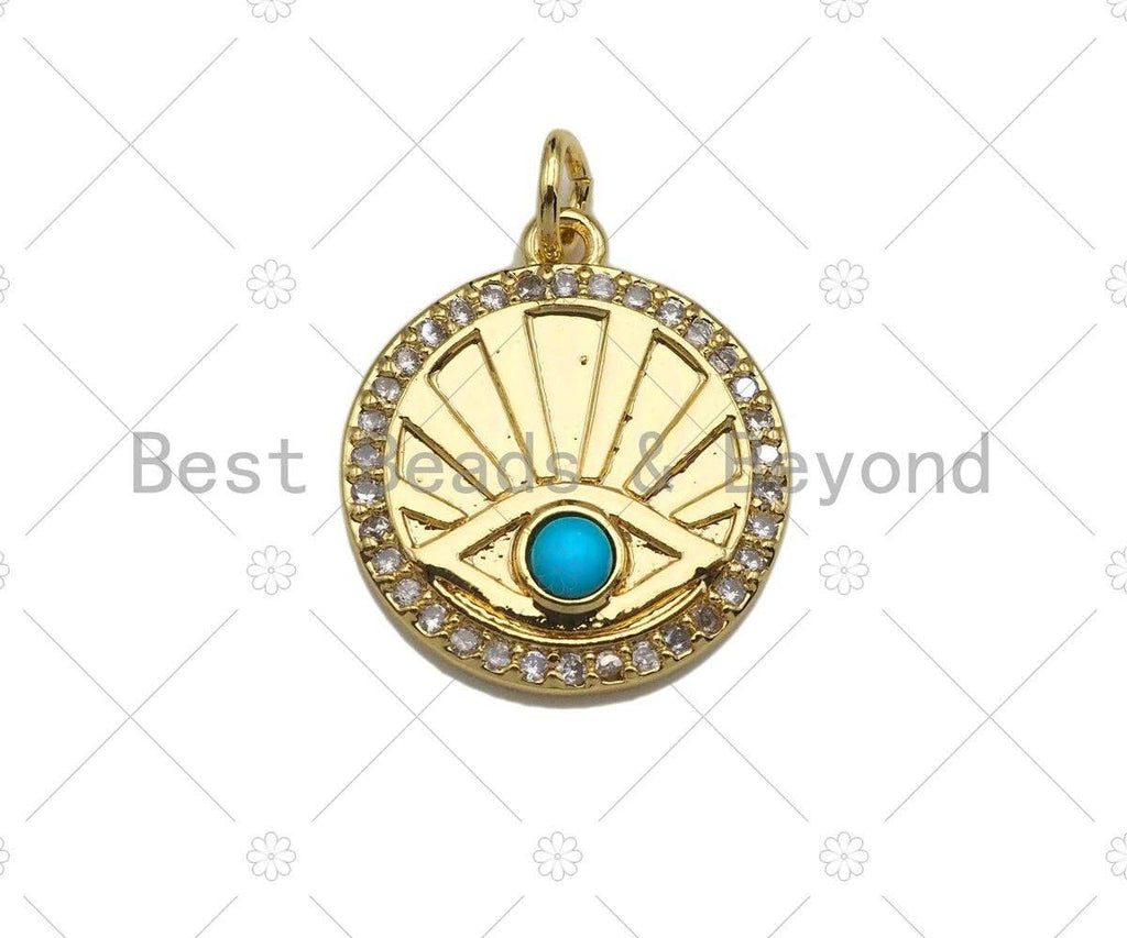 Red/Turquoise CZ Micro Pave Evil Eye On Round Coin Pendant/Charm,Cubic Zirconia Charm, Necklace Bracelet Charm Pendant,17x19mm, Sku#L414
