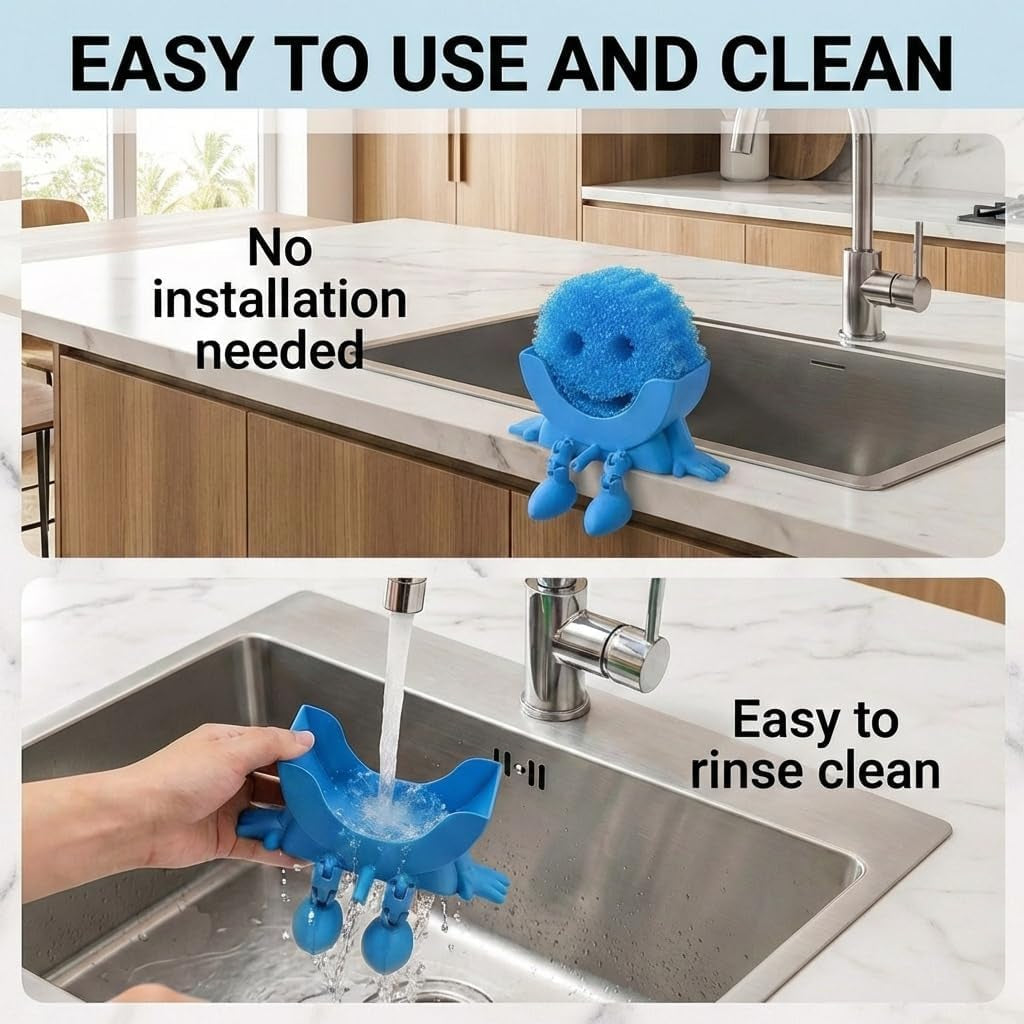 Creative Hanging Sponge Holder with Drainage/Traceless Glue, 3D Printing Countertop Funny Sponge Holders for Kitchen Sink, Keeps Your Sponge Dry & Smiling, for Scrub Daddy Holder (1, Blue)