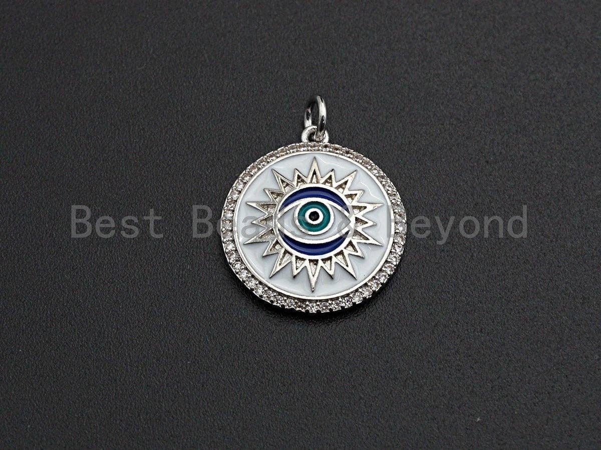 NEW Enamel Evil Eye Sun On Round Coin Pendant,Cz Micro Pave Oil Drop Round pendant,Enamel Charm,Enamel Jewelry,19x21mm,sku#Z515C