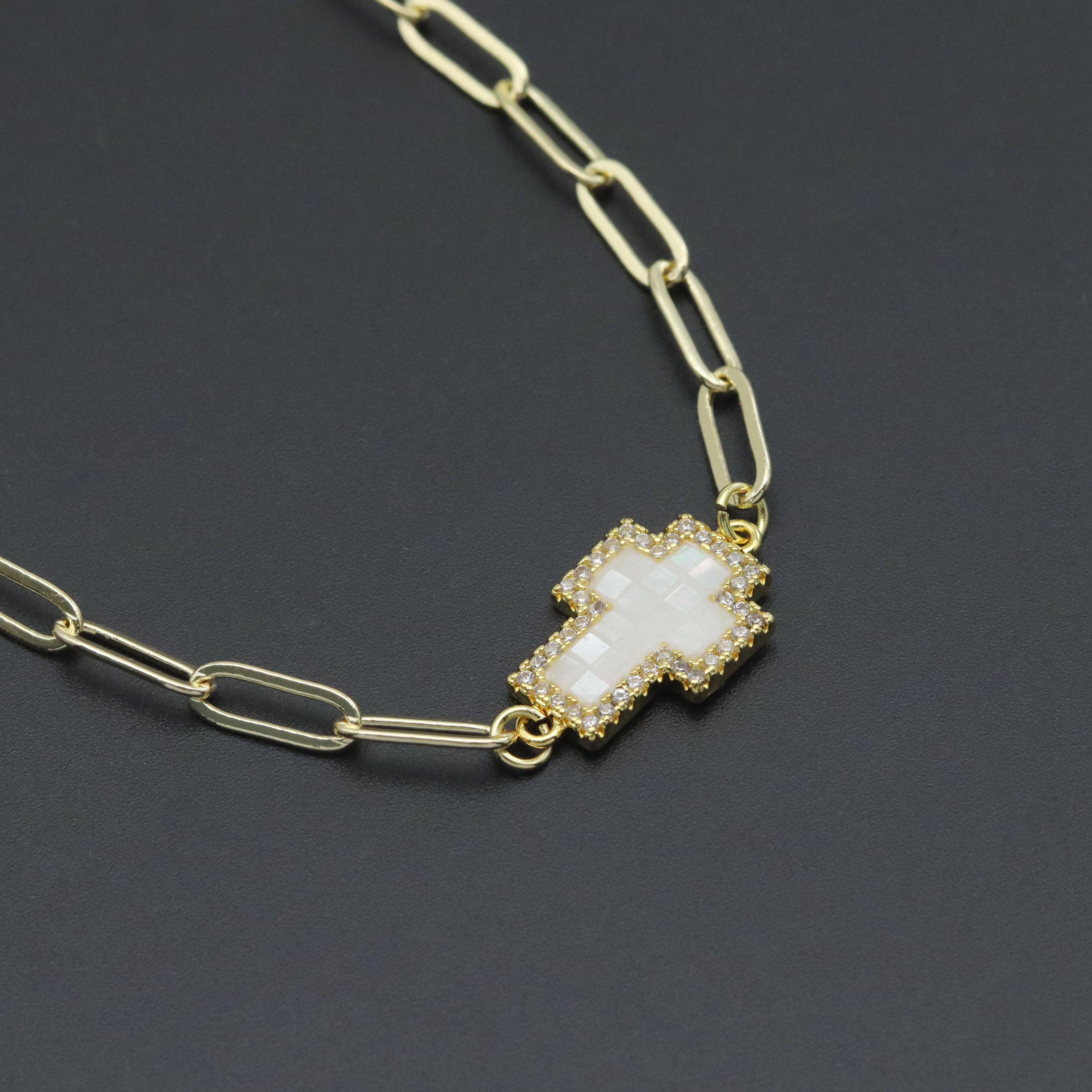 Gold Mother of Pearl Cross Pendant Adjustable Necklace, Sku#EF620