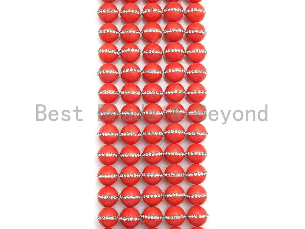 6mm/8mm/10mm/12mm ORANGE Pearl with Rhinestone Inlaid, Orange Round Mother of Pearl Beads, 15.5'' Full strand, Sku#V60