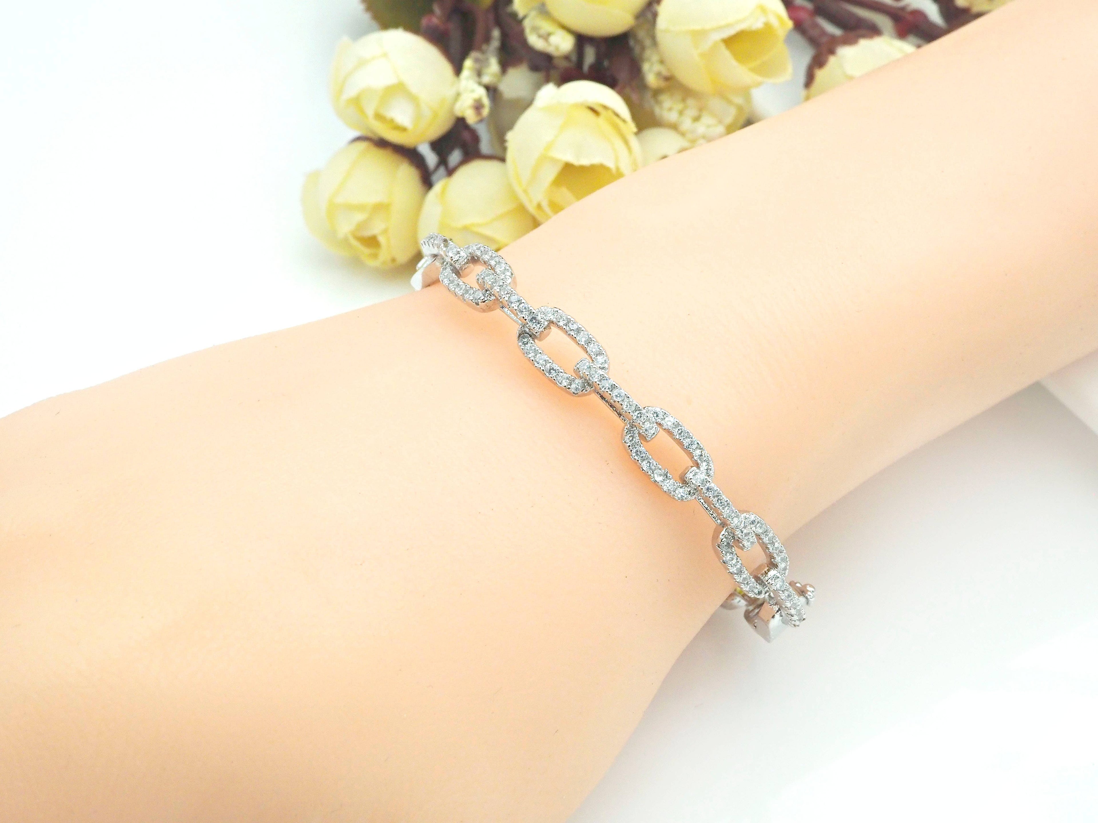 CZ Pave PaperClip Chain Link  Bracelet, LK102