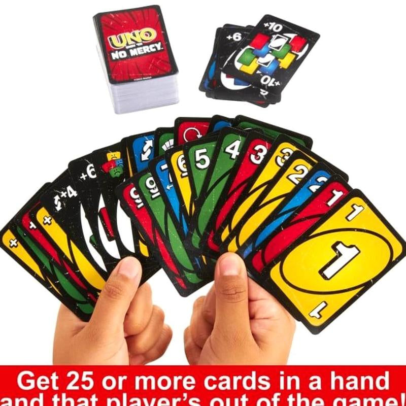 UNO Show ‘Em No Mercy plus Card Game in Storage & Travel Tin for Kids, Adults & Family Night with Extra Cards, Special Rules & Tougher Penalties
