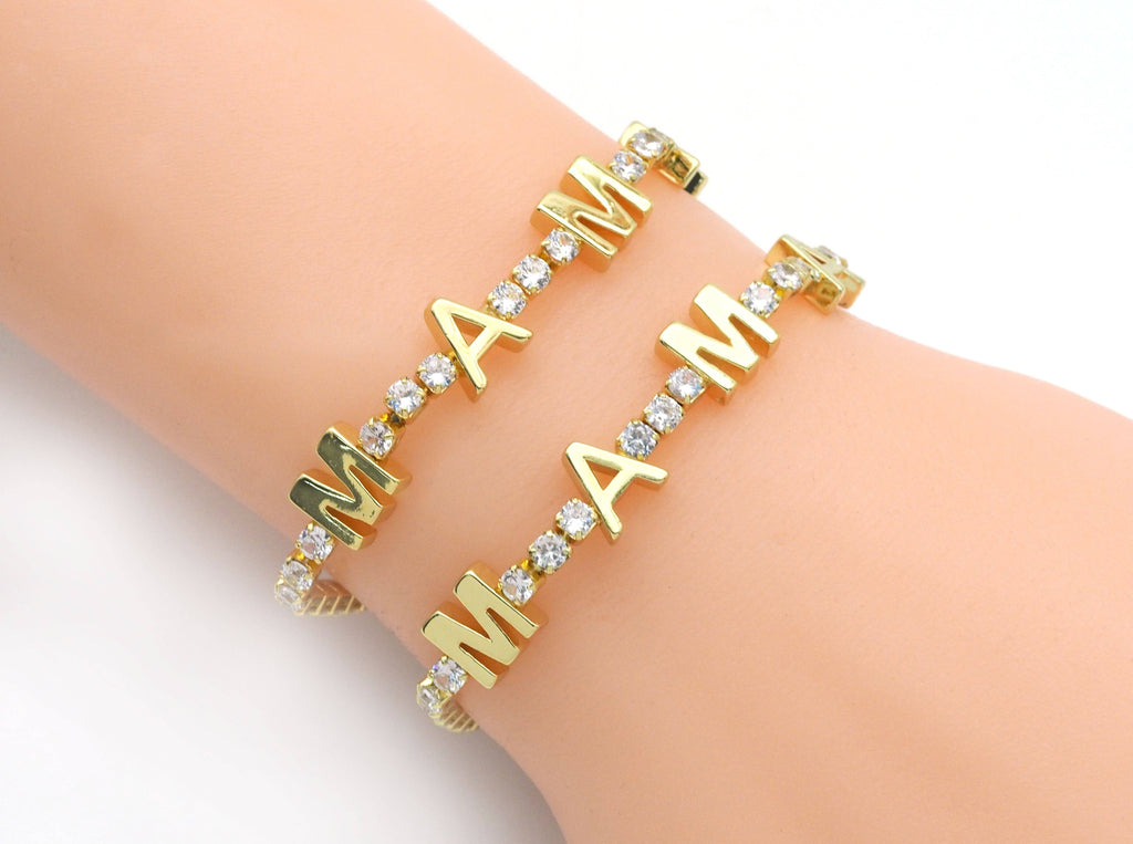 Gold Silver MAMA Tennis Chain Bracelet, Sku#LD370