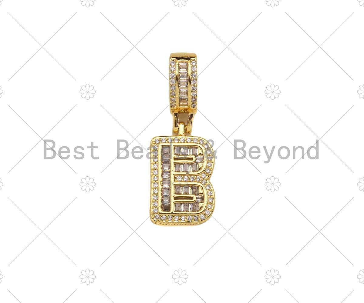 18K Gold Baguette CZ Initial Letter Pendant, A -Z Alphabet Letter, Large Hole Personalized name Charm for Jewelry Making, 16x33mm,sku#LD76