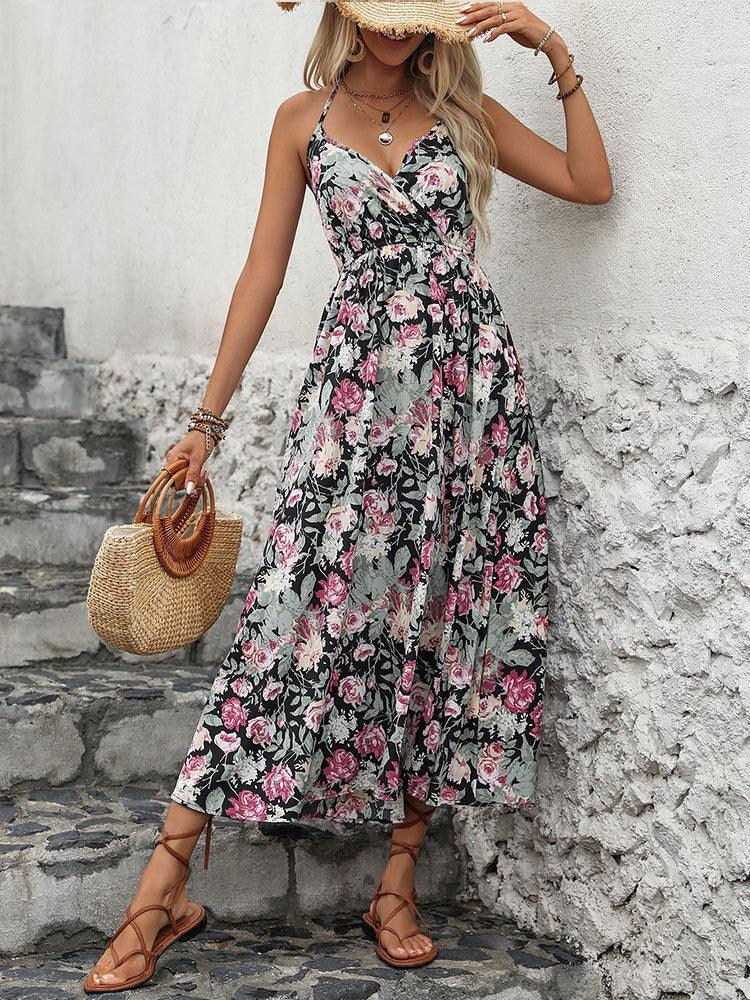 Robe de cow-girl Épines et Roses | Robe sans manches sexy à col en V fleuri pour cow-girls