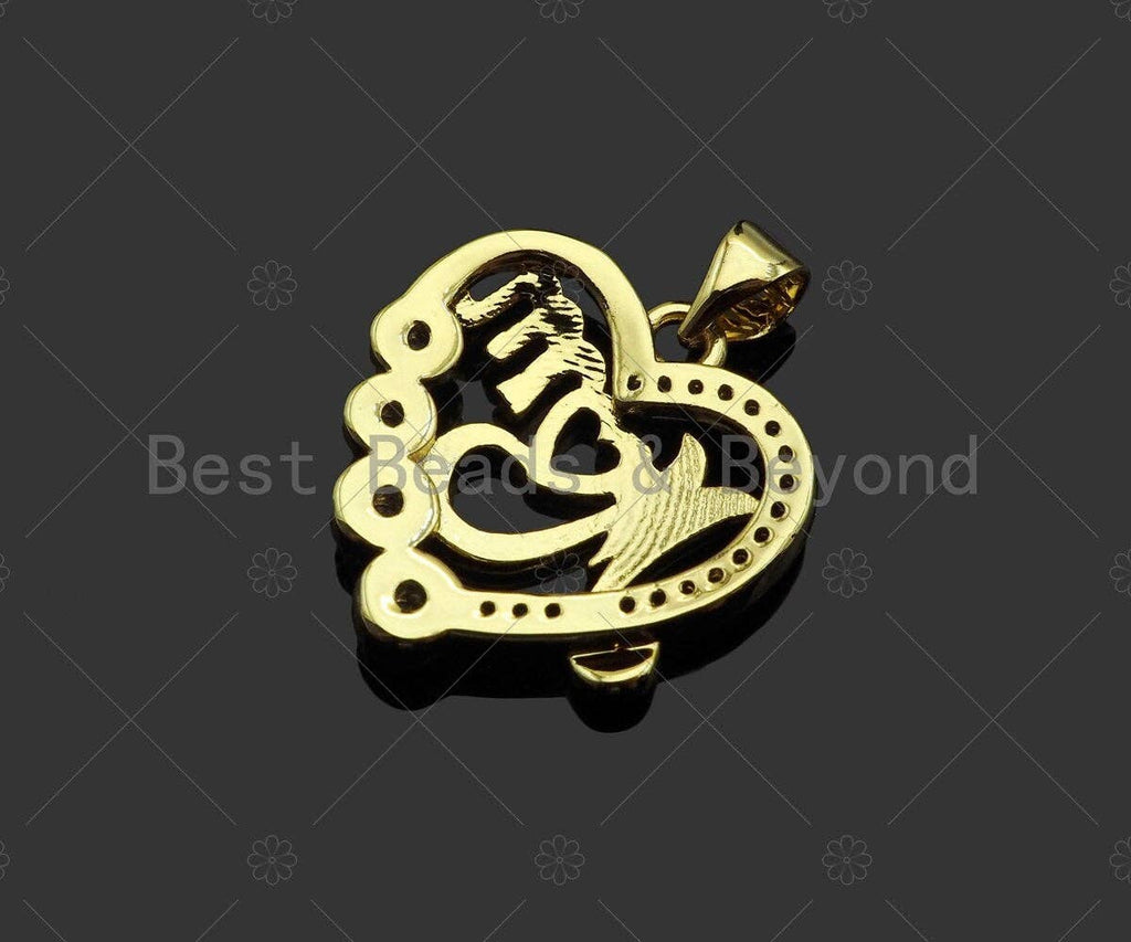 Gold Filled CZ Micro Pave Mom On Heart Shape Pendant, 18K Gold Filled Charm, Mother's Day Gift, Necklace Bracelet Pendant,19x20mm,Sku#LD118