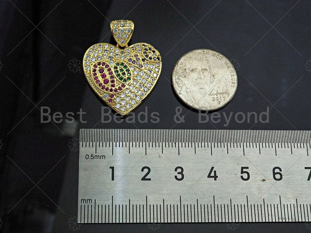 Colorful CZ Micro Pave Love Word On Heart Shape Pendant, 18K Gold Filled Heart Charm, Necklace Bracelet Charm Pendant,25x24mm,Sku#LD105
