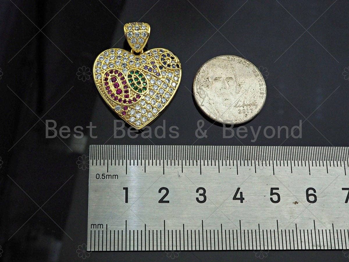 Colorful CZ Micro Pave Love Word On Heart Shape Pendant, 18K Gold Filled Heart Charm, Necklace Bracelet Charm Pendant,25x24mm,Sku#LD105