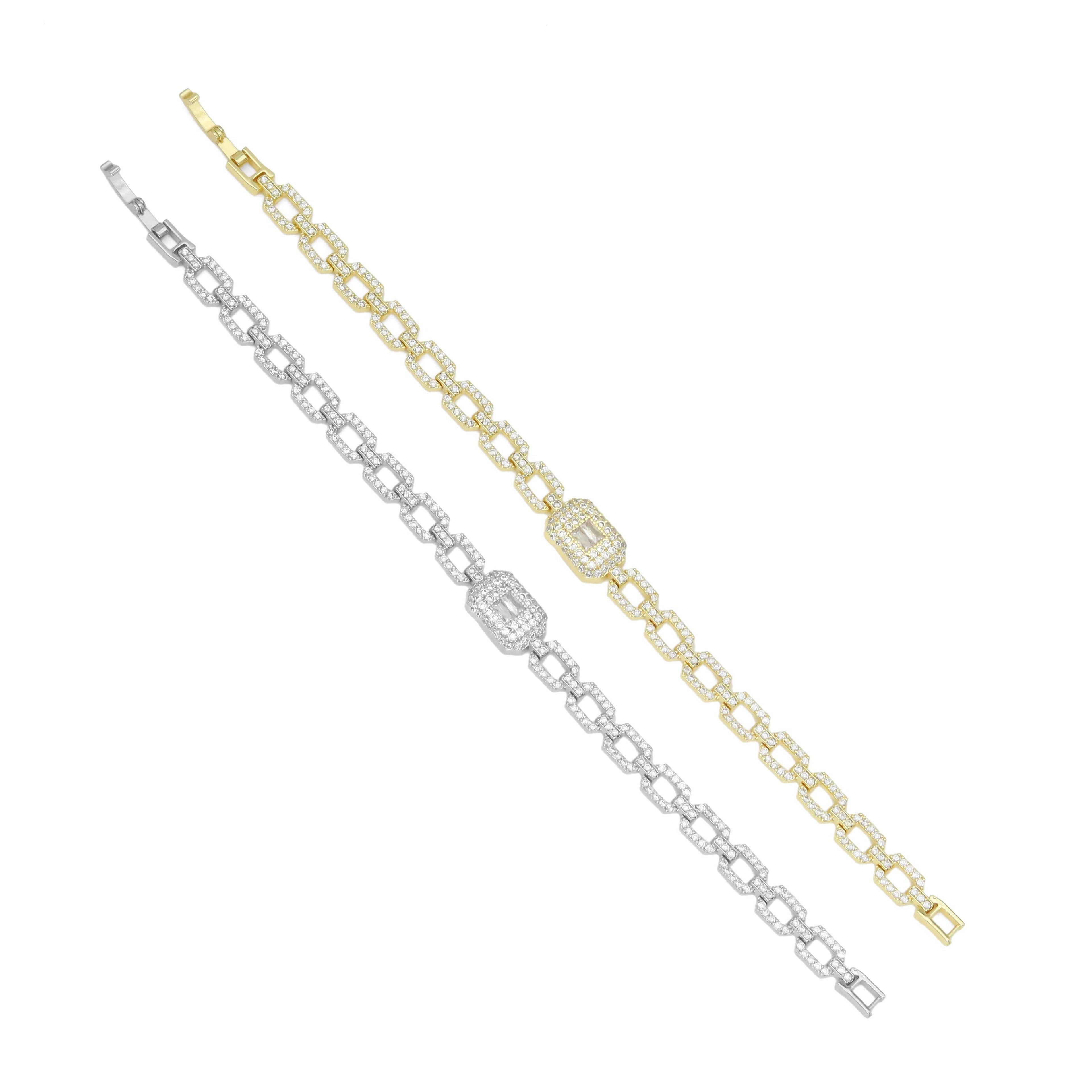 Rectangle CZ Link With Rectangle CZ Center Bracelet, Sku#A380