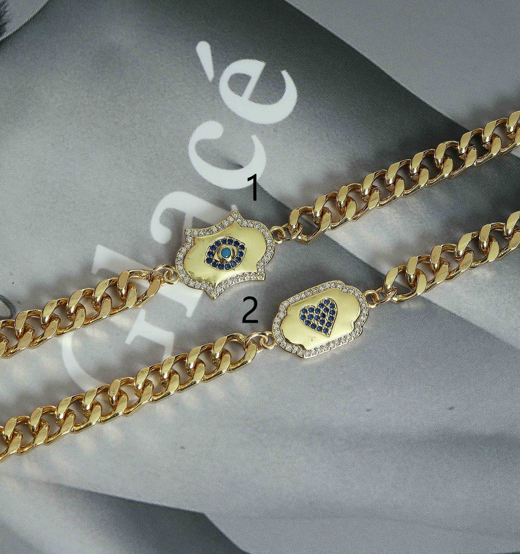 Heart Evil Eye Lock Cuban Chain Necklace Bracelet, sku#EF163