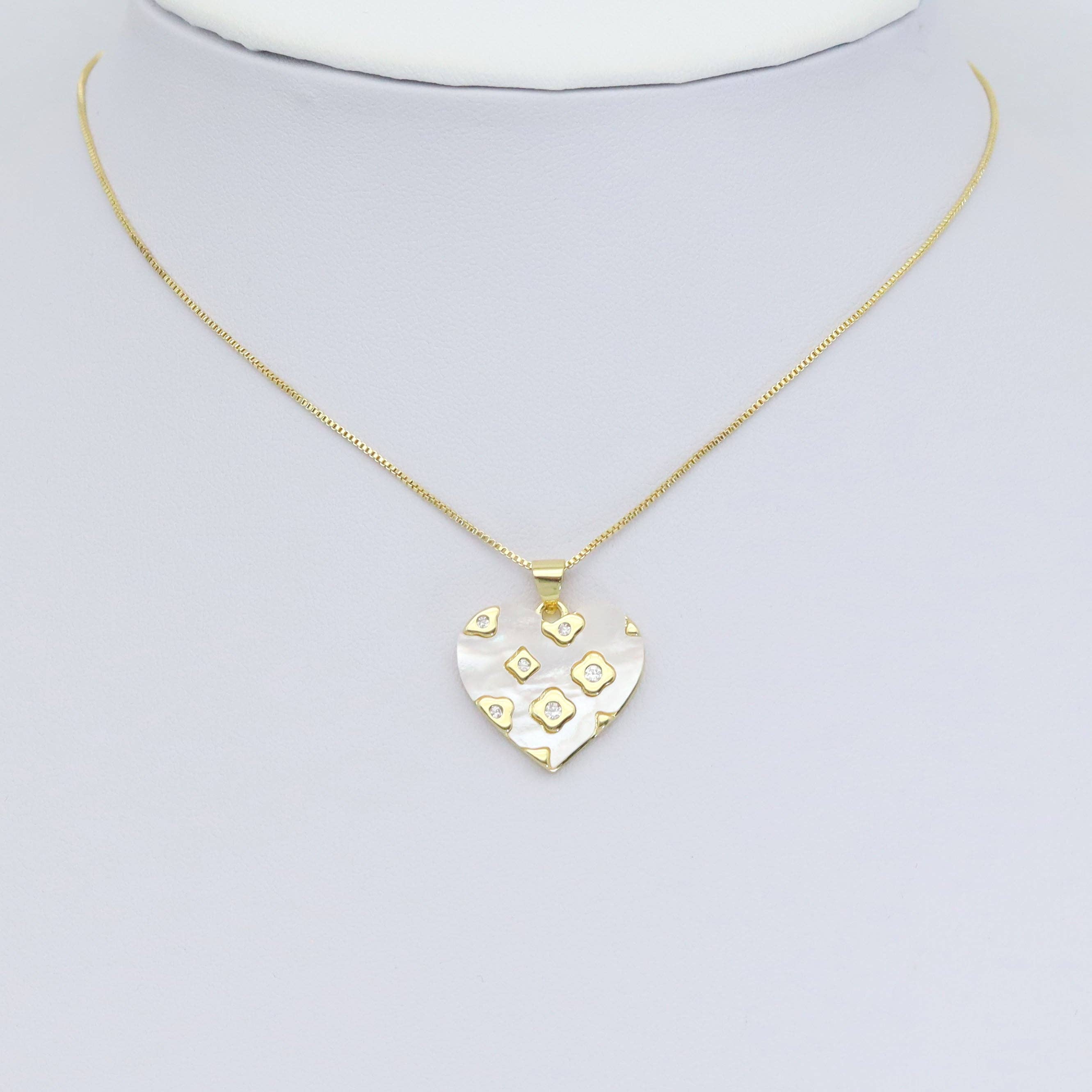 CZ Pave Flower On Mother of Pearl Heart Charm Pendant, Sku#LK954