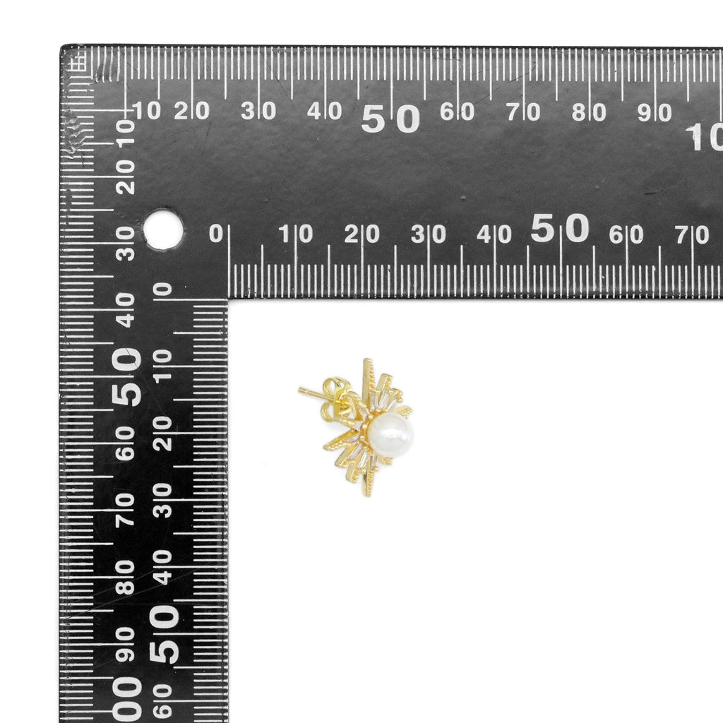 CZ Gold Starburst White Pearl Stud Earrings, Sku#ZX191