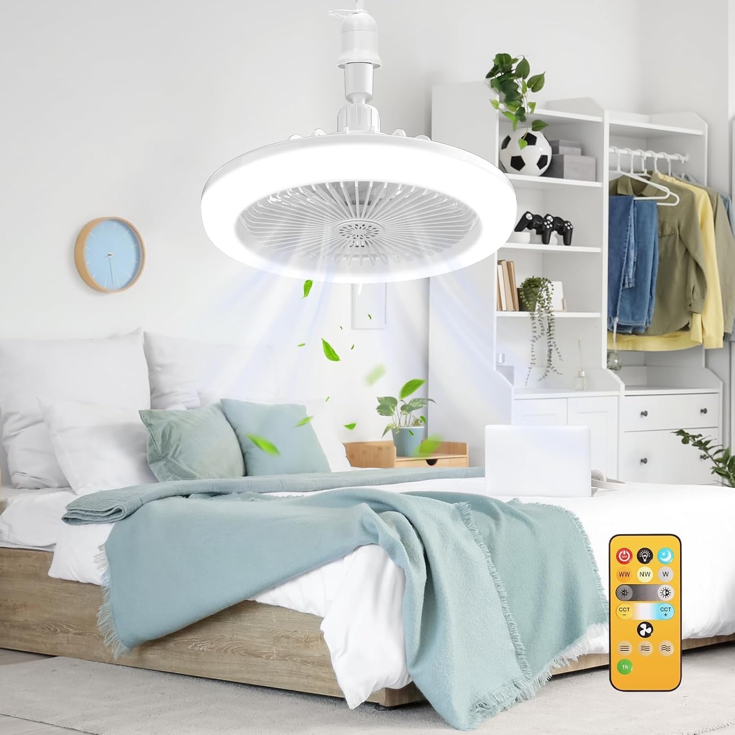 Ceiling Fan with Lights E27 30W Ceiling Light with Fans and Remote Control Timing 3 Color Dimmable LED Lamp 3 Speeds Whisper-Quiet Ceiling Light Bulb Fan for Bedroom Home Office Dormitory