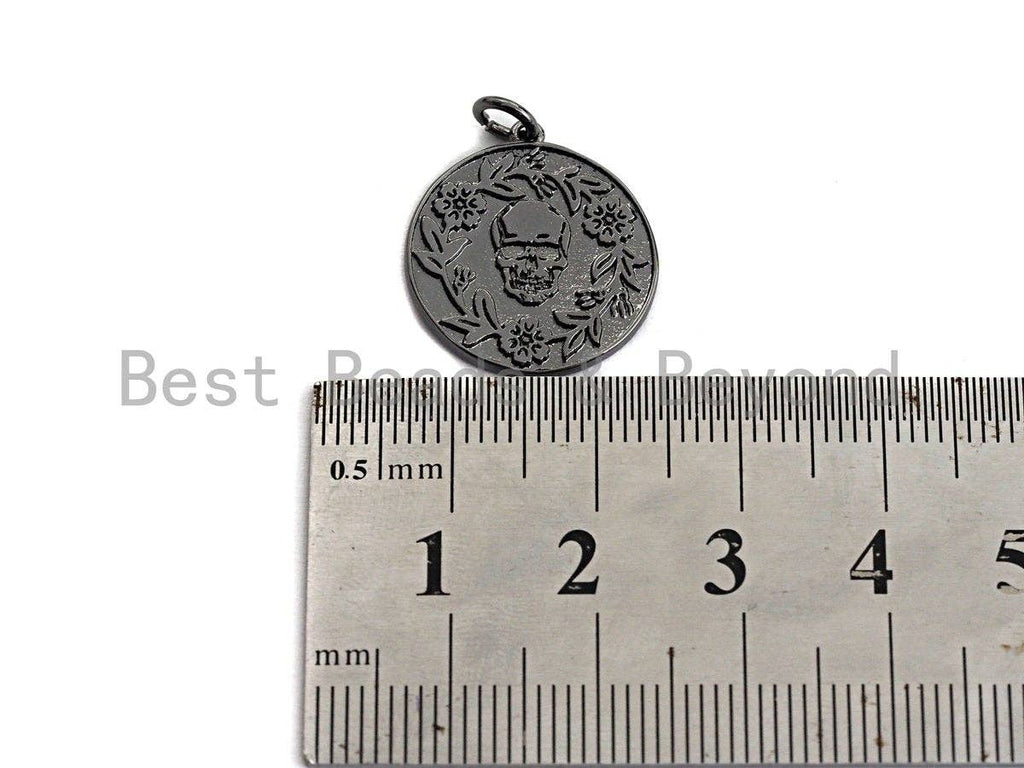 Medallion Skull Olive Branch Coin Pendant/Charm,Skull Cubic Zirconia Pendant, Silver/Gold/Black Tone,18x20mm,Sku#Z434
