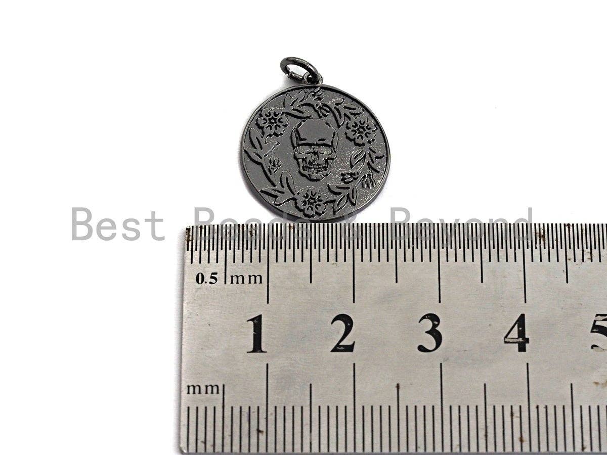 Medallion Skull Olive Branch Coin Pendant/Charm,Skull Cubic Zirconia Pendant, Silver/Gold/Black Tone,18x20mm,Sku#Z434