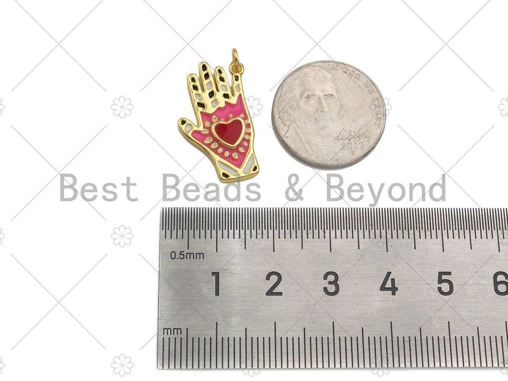 Red Enamel Heart On Pink Enamel Hand Shape Pendant, 18K Gold Enamel Pendant,Enamel Jewelry,14x24mm,Sku#Z1320
