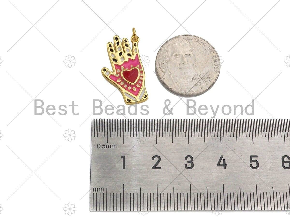 Red Enamel Heart On Pink Enamel Hand Shape Pendant, 18K Gold Enamel Pendant,Enamel Jewelry,14x24mm,Sku#Z1320