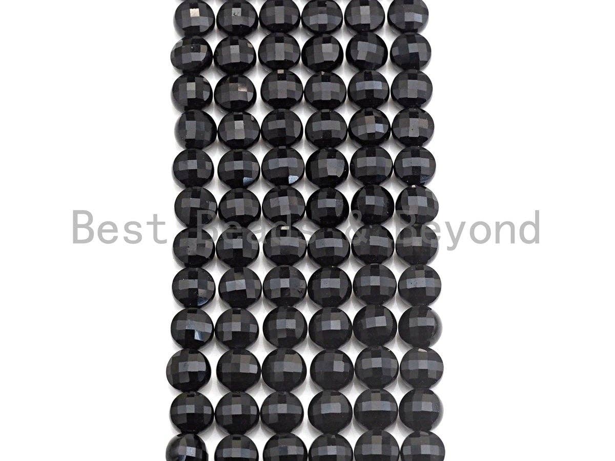 Double Sided Turtle Shell Cut Black Onyx Coin Shape beads, 6mm/8mm/10mm Checkerboard Cut Black Onyx Beads, 16" Full strand, Sku#U693