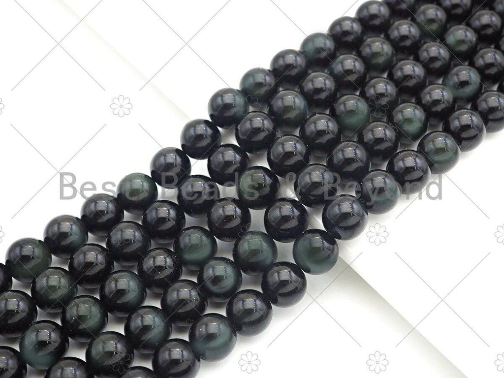 High Quality Natural Green Obsidian, Round Smooth 10mm/12mm Beads, 15.5" Full Strand, Sku#U1132