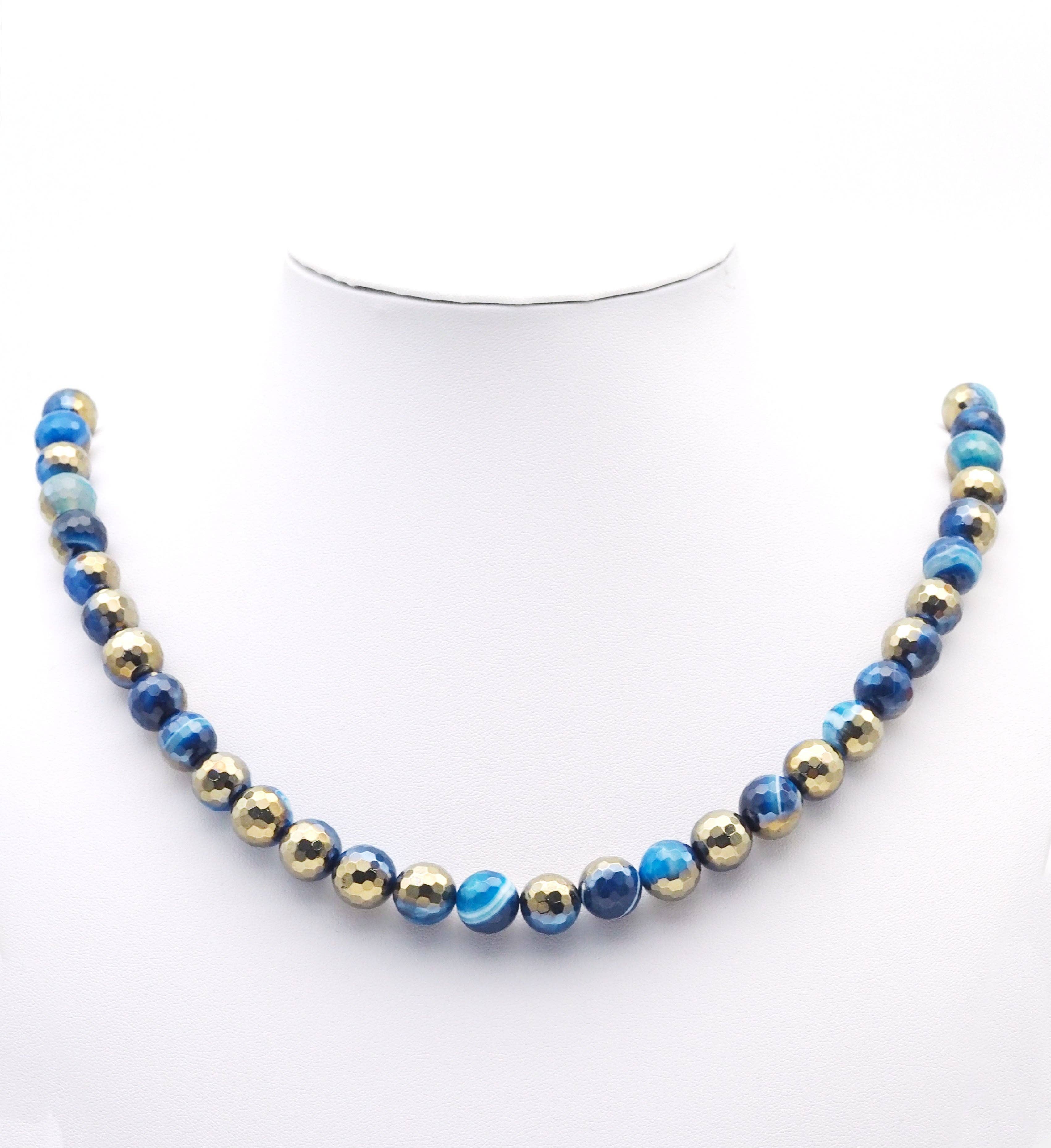 Half Gold Plated Blue Banded Agate Faceted Round Beads, 8mm/10mm, Sku#UA299