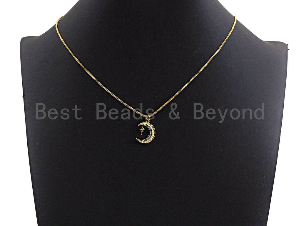 CZ Micro Pave Crescent Moon With North Star Pendant, Cubic Zirconia Pendant, Silver/Gold/Rose Gold/Black Tone,13x17mm, Sku#Z485