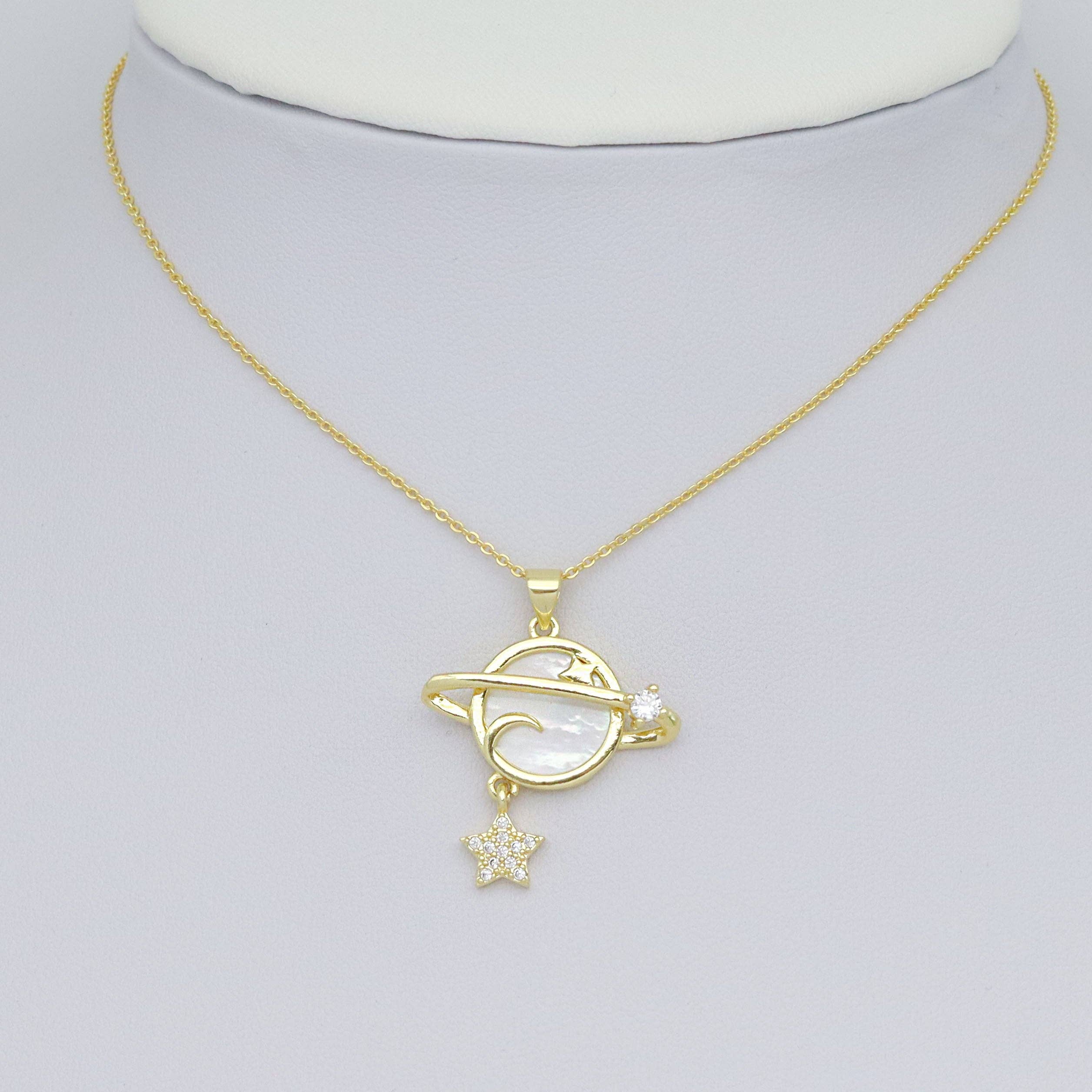Gold Mother of Pearl Earth Star Planet Charm Pendant, Sku#LK996