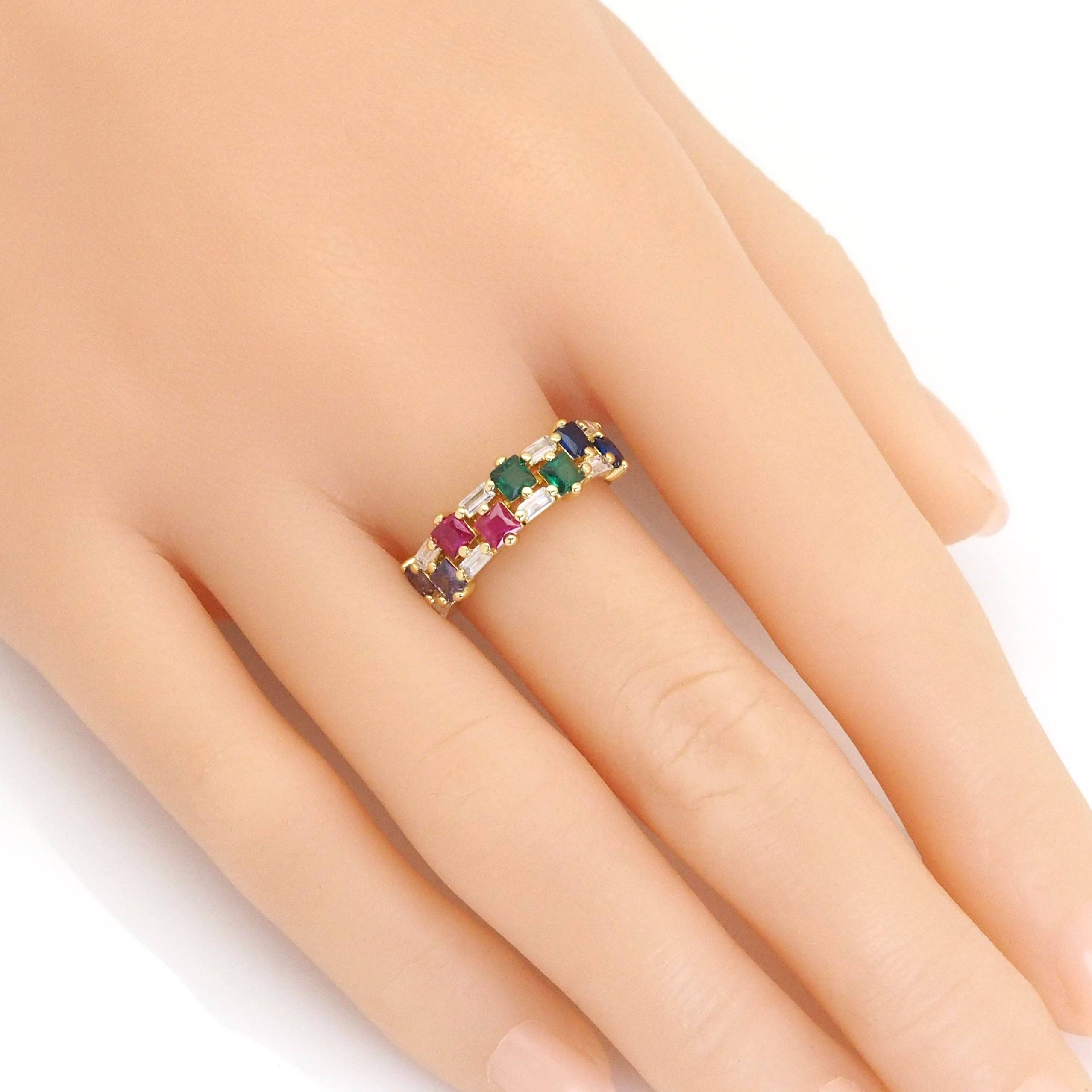 Colorful Baguette CZ Gold Adjustable Ring, Sku#Y894