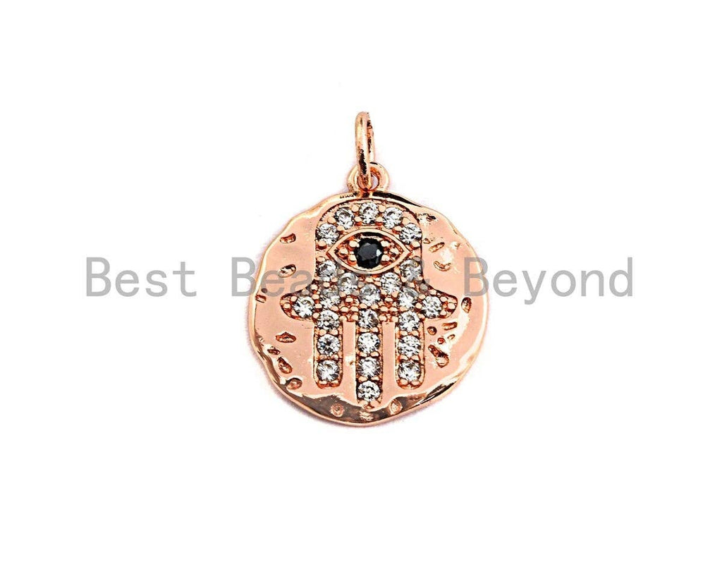 Clear CZ Micro Pave Hamsa Hand on Disc Pendant/Charm,Hamsa Hand CZ Pendant, Silver/Gold/Rose Gold/Black Tone,16x18mm,Sku#Z444