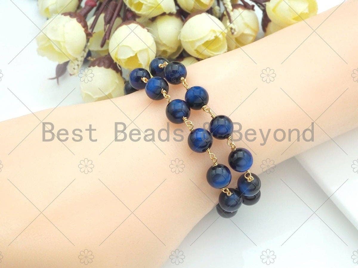 Teal Blue/Fuchsia/Navy Blue High Quality Tiger Eye Rosary Chain, 8mm Beaded Chain, Wire Wrapped Gold Chain,Sku#V81