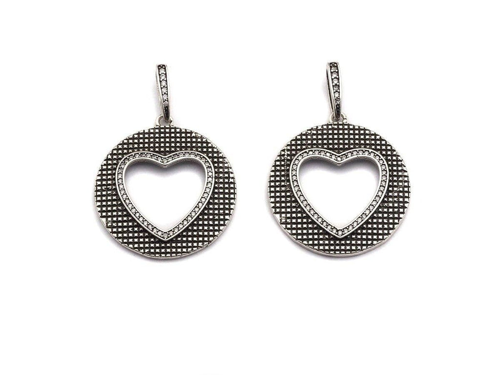 Antique Finish  CZ Micro Pave Hollow Out Heart Pendant, Silver Tone, 28x31mm,sku#F991C