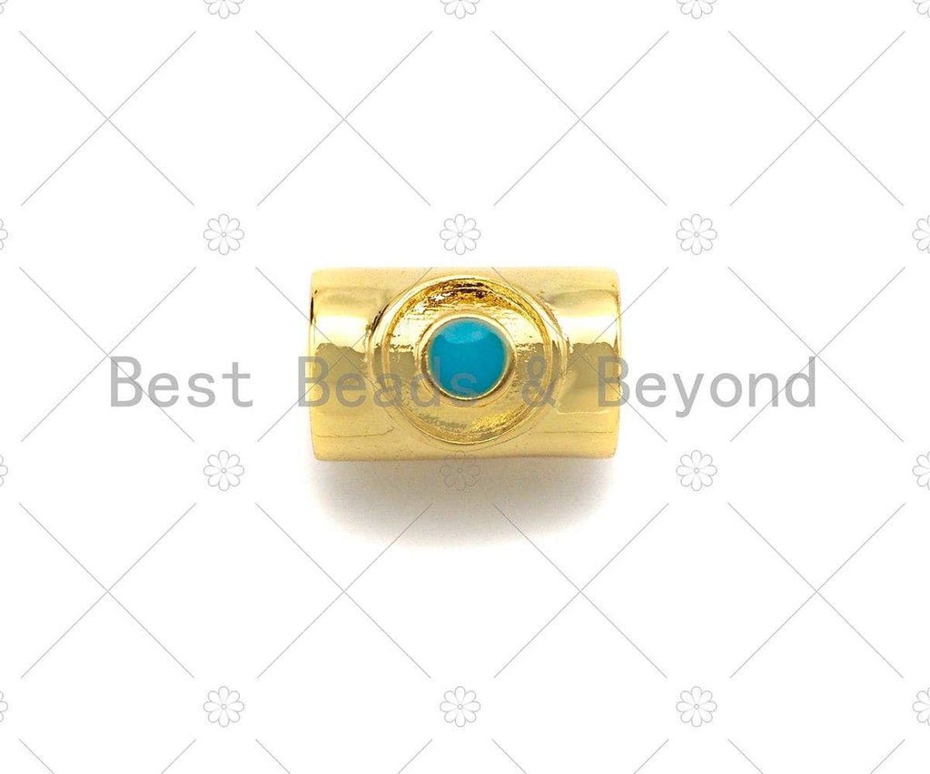18K Gold High Polished Turquoise Evil Eye Tube Spacer Bead, Large Hole Shaper Beads, Men's Jewelry Findings, Bracelet Beads, 9x7mm, Sku#Y386