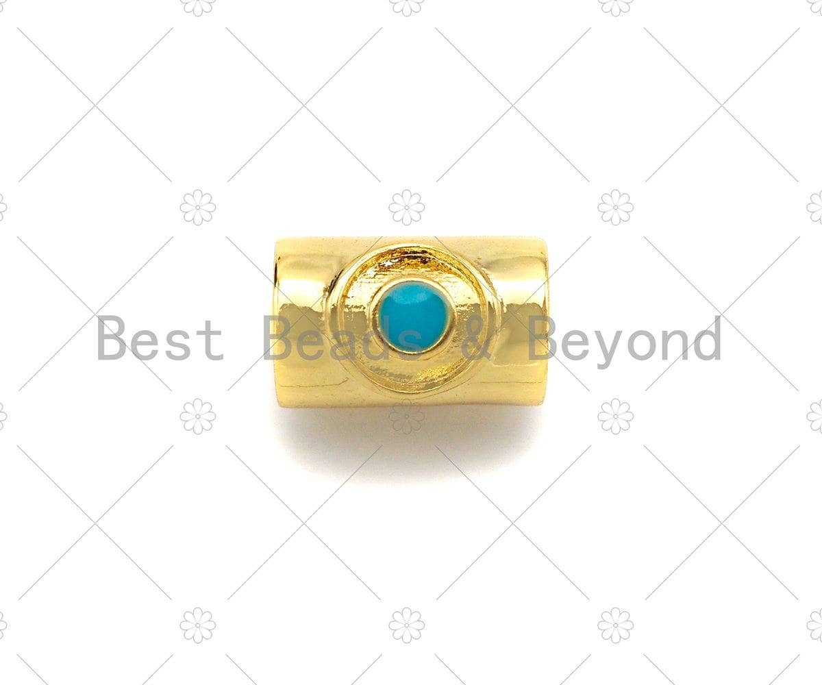 18K Gold High Polished Turquoise Evil Eye Tube Spacer Bead, Large Hole Shaper Beads, Men's Jewelry Findings, Bracelet Beads, 9x7mm, Sku#Y386