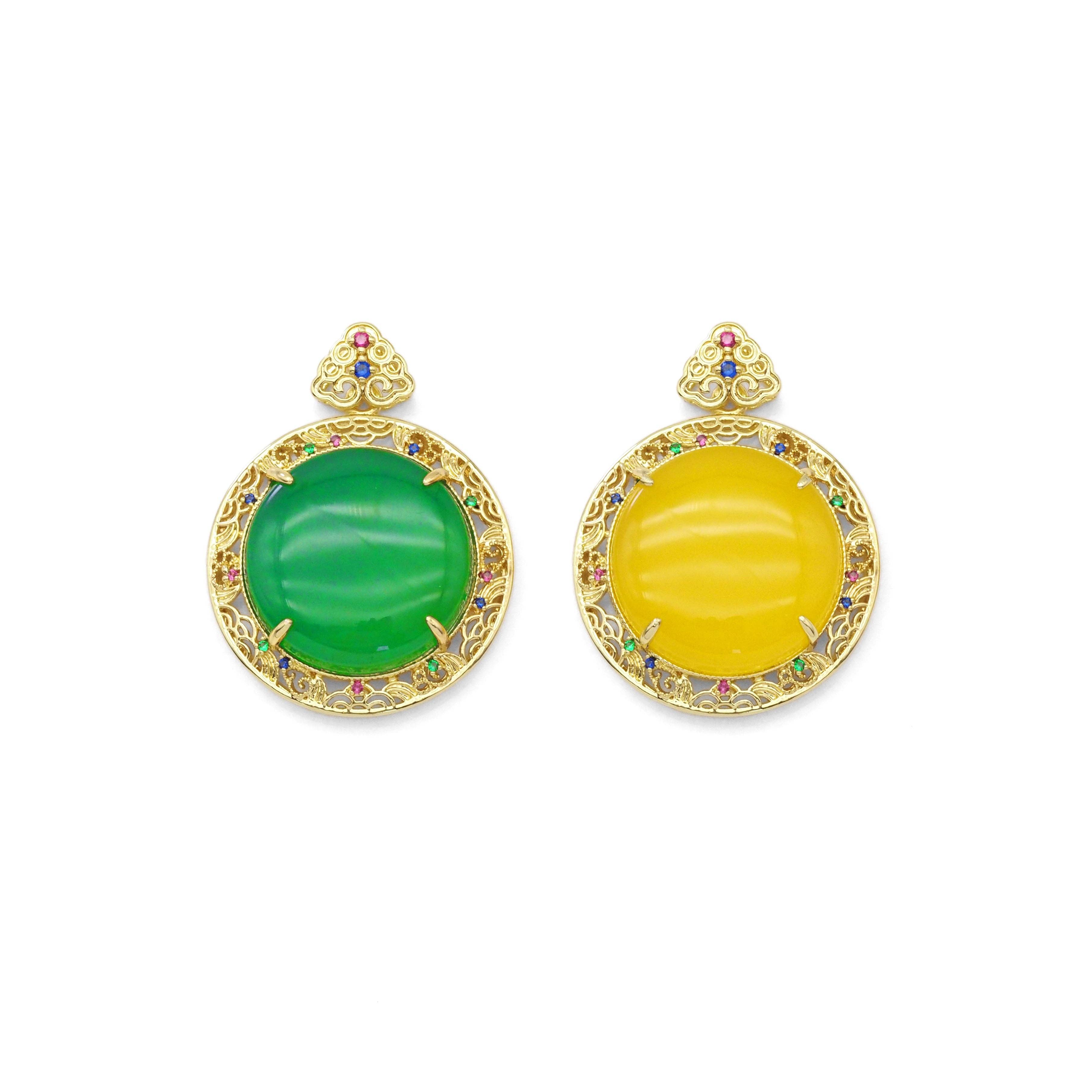 Gold Filled CZ Yellow Green Jade Round Pendant Charm, LX344