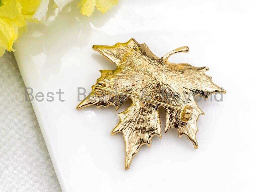 Vintage CZ Micro Pave Maple Leaf Brooch Pin, Sku#P35