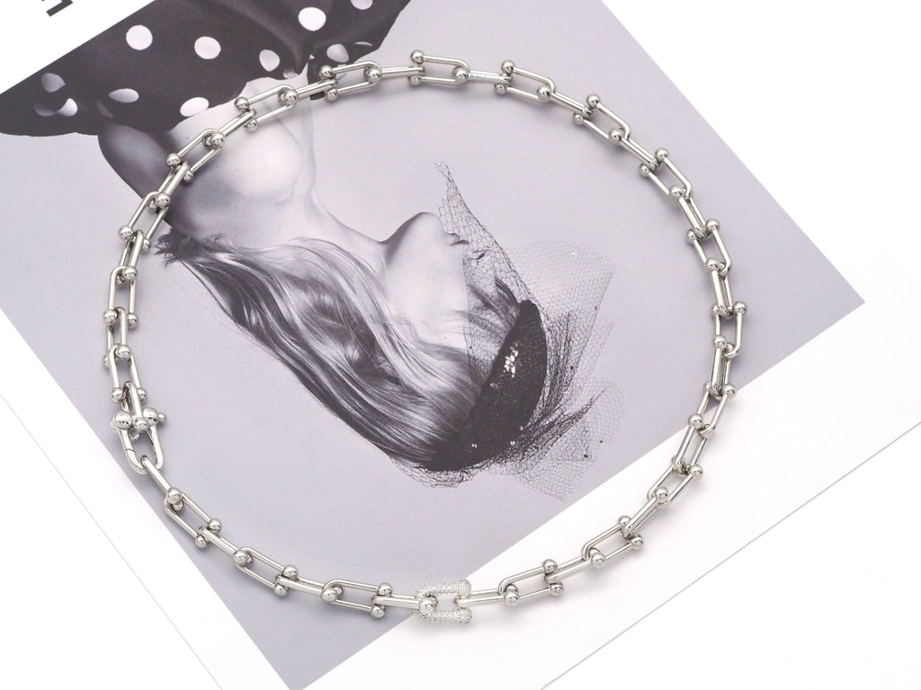 U Shape Chain Necklace with/without CZ Link focal, Sku#EF183