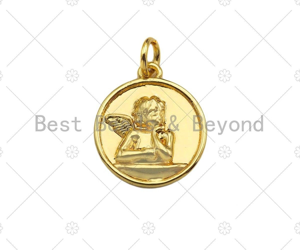 18k Dainty Gold Embossment Angle On Round Coin Charms, Dainty Charms, Gold Pendant, Round Necklace Charms, 14x17mm, Sku#Y384
