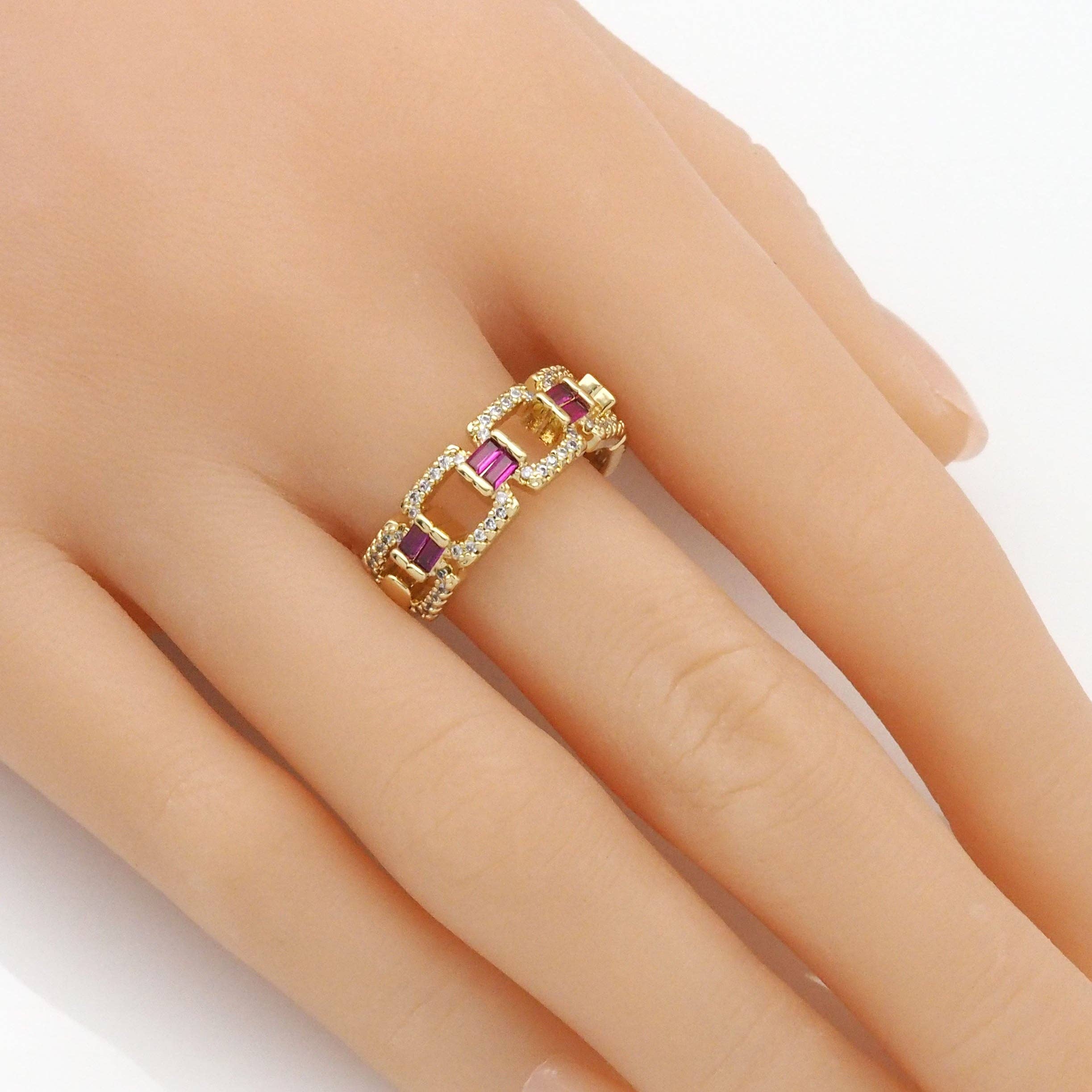 Gold Baguette CZ Chain Link Adjustable Ring, Sku#LX312