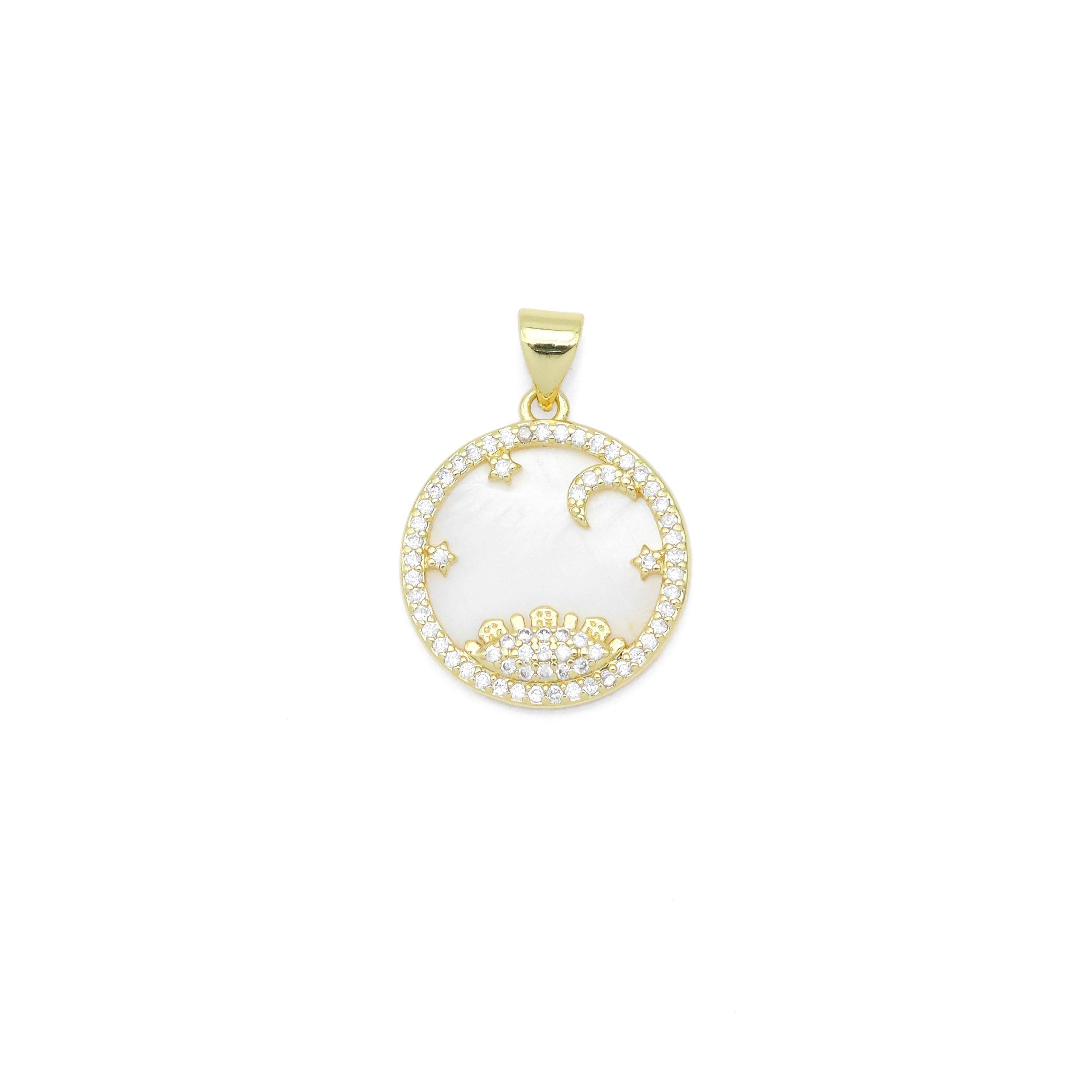 Gold Clear CZ Mother of Pearl Moon star Charm Pendant, Sku#LX687