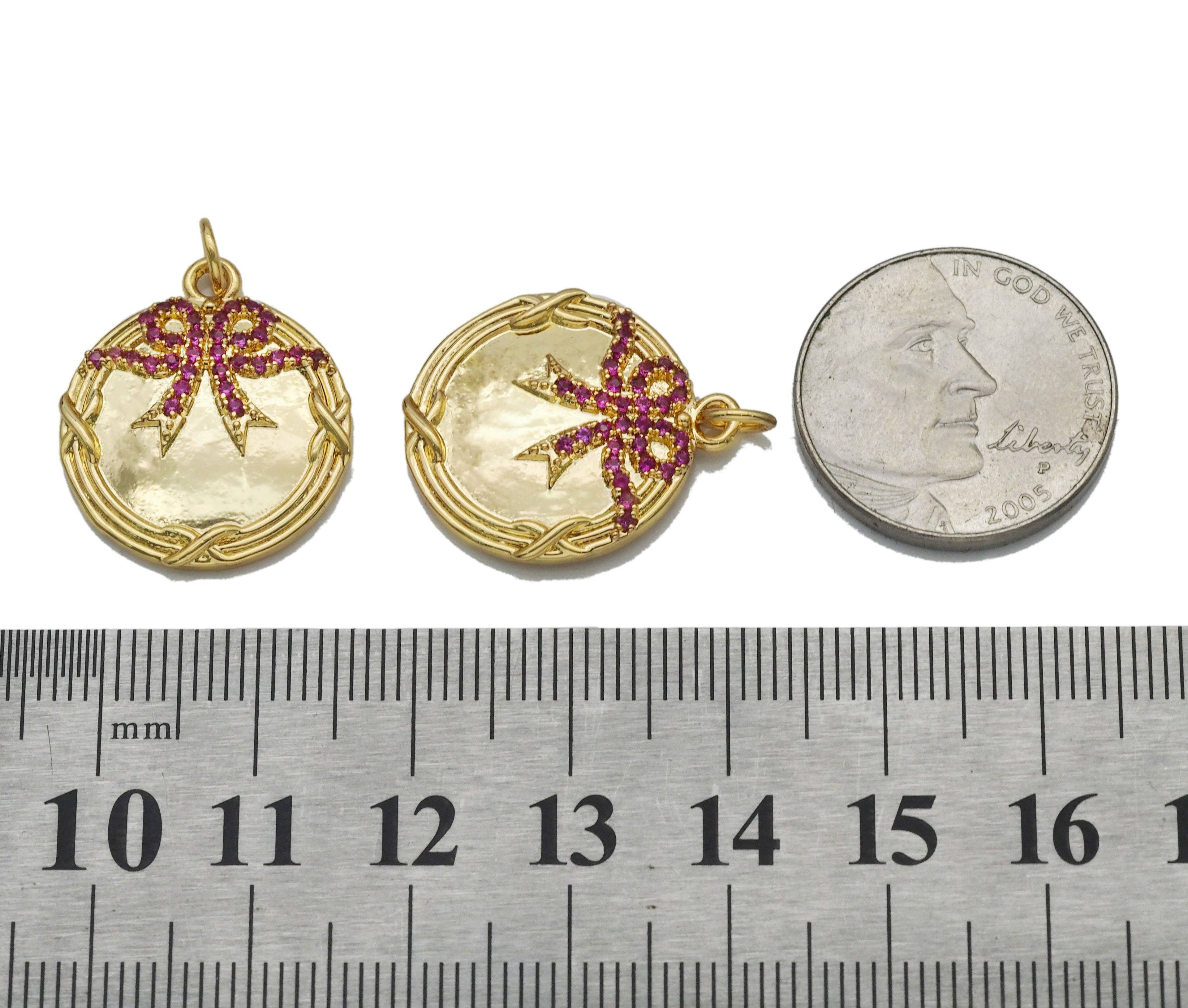 Fuchsia CZ Bowknot On Round Medallion Coin Charm, Sku#LK758