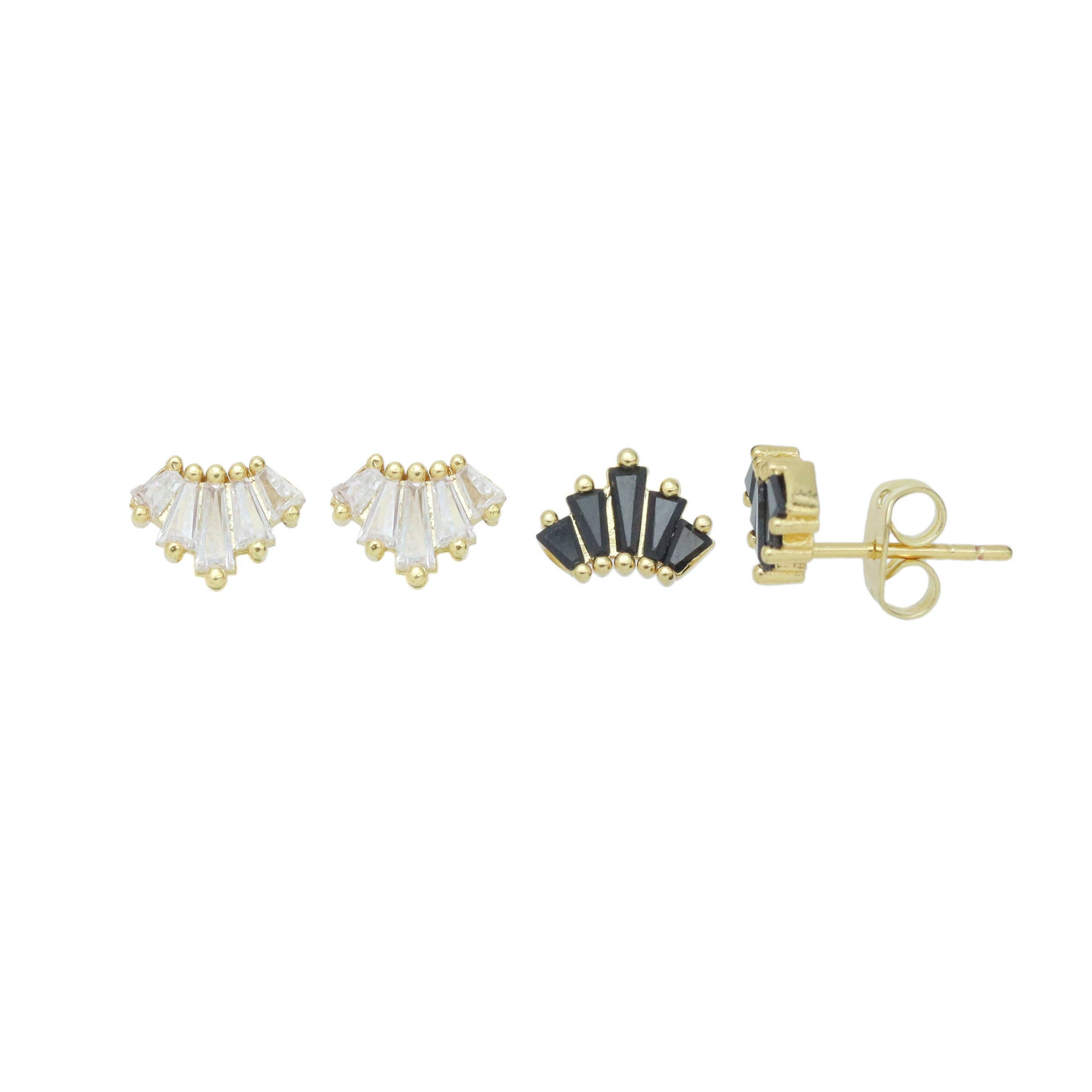 Clear Black Baguette CZ Fan Shape Earrings, Sku#A392