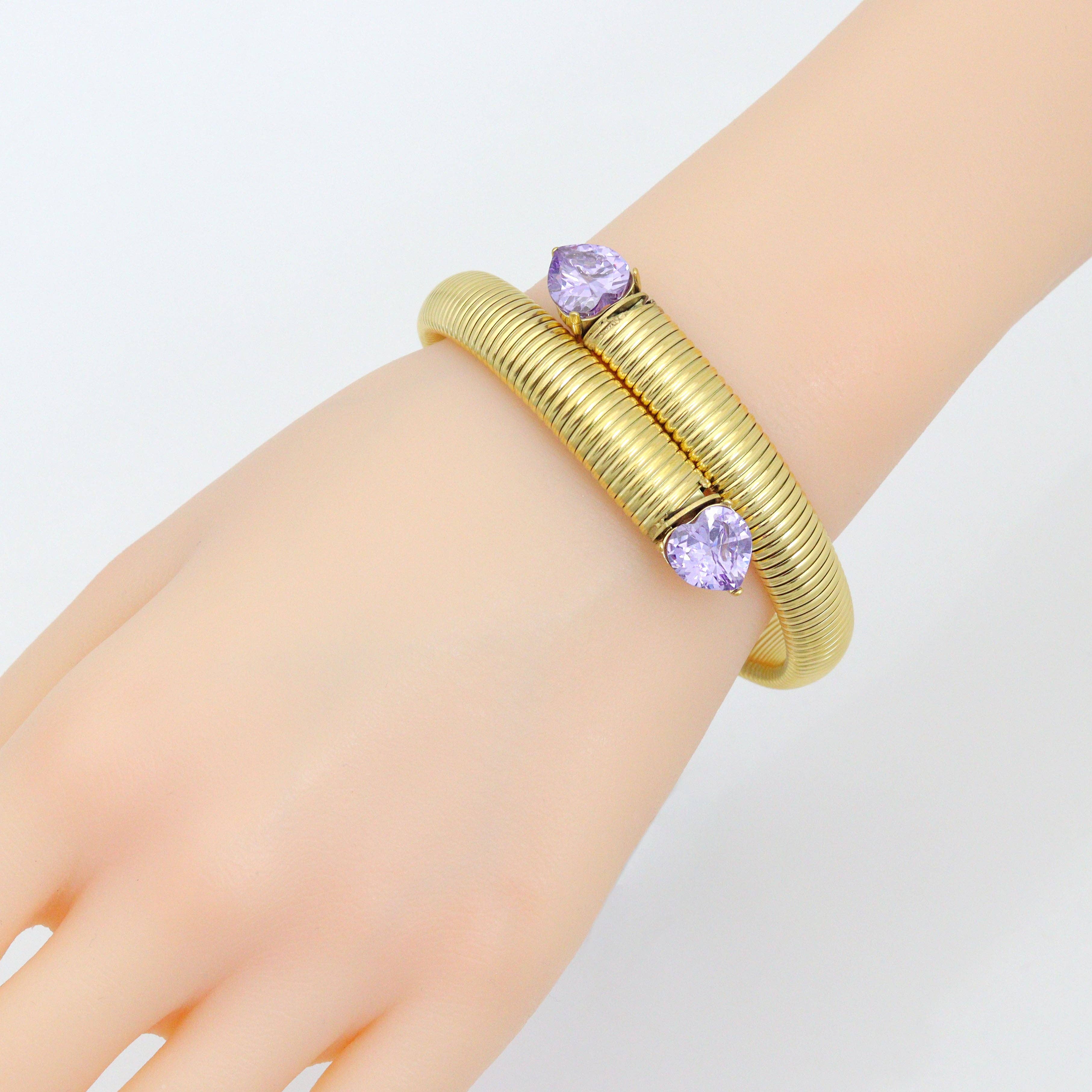 Colorful Heart CZ Tip Gold Snake Bangle Adjustable Bracelet, Sku#O129