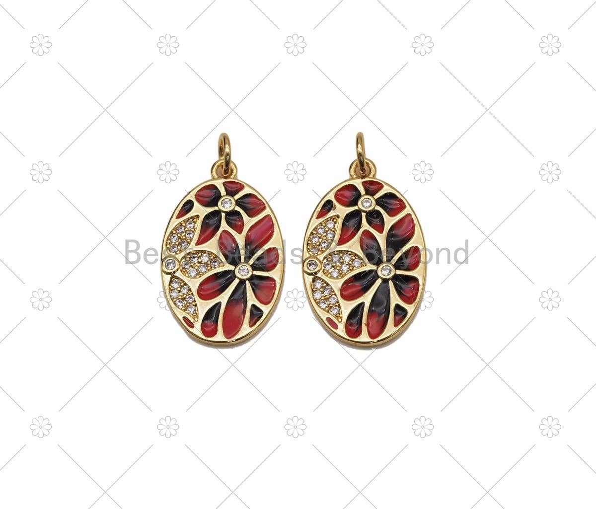 CZ Micro Pave and Enamel Flower On Oval Shape Pendant, 18K Gold Filled Flower Charm, Necklace Bracelet Charm Pendant, Sku#Y570