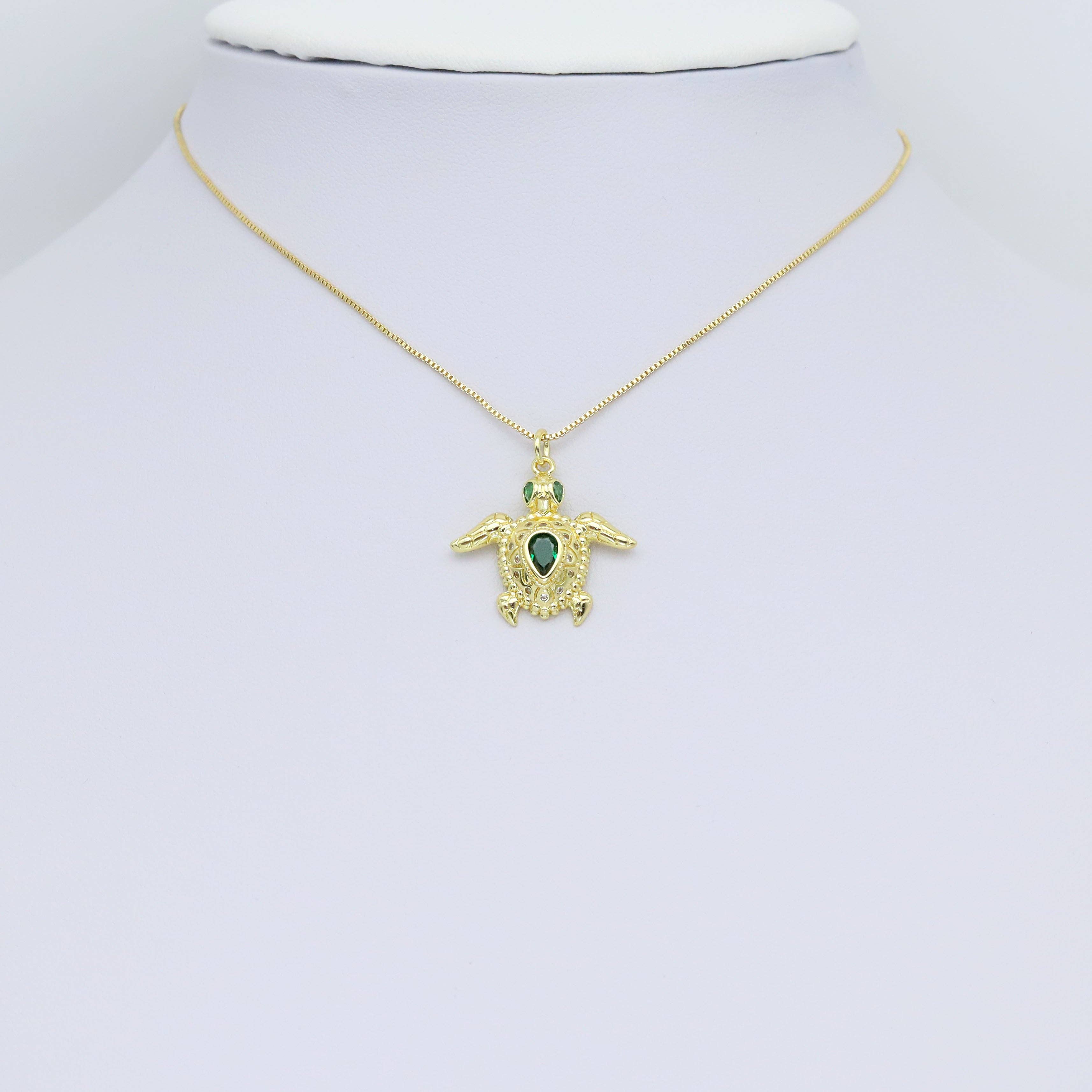 Green CZ Gold Turtle Shape Pendant, Sku#Y960