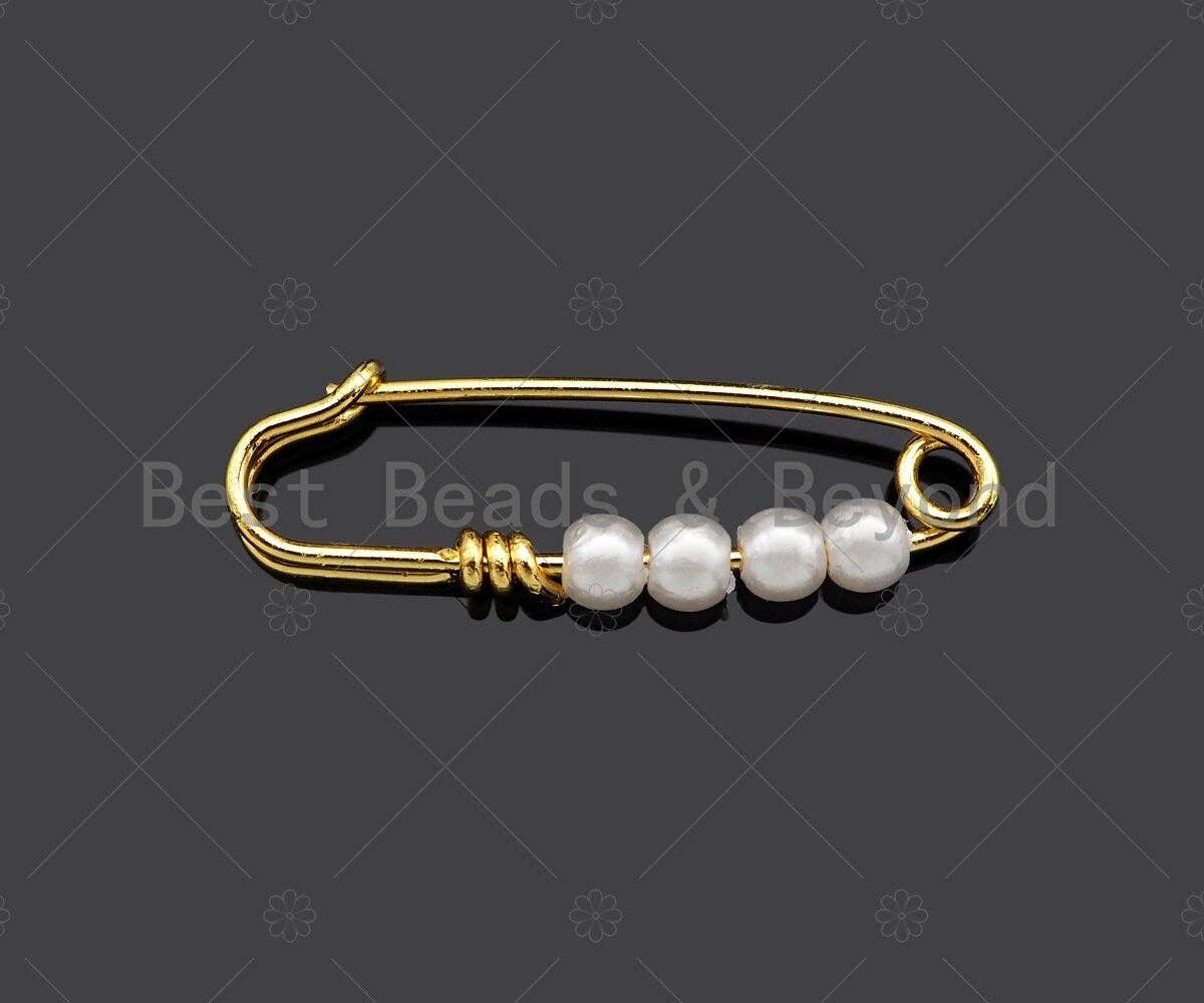 Cute 18K Gold Safety Pin Clasp, Pearl On Clasp Safety Pin, Paper Clip Chain Connector Clasp, 8x24mm, Sku#Y392