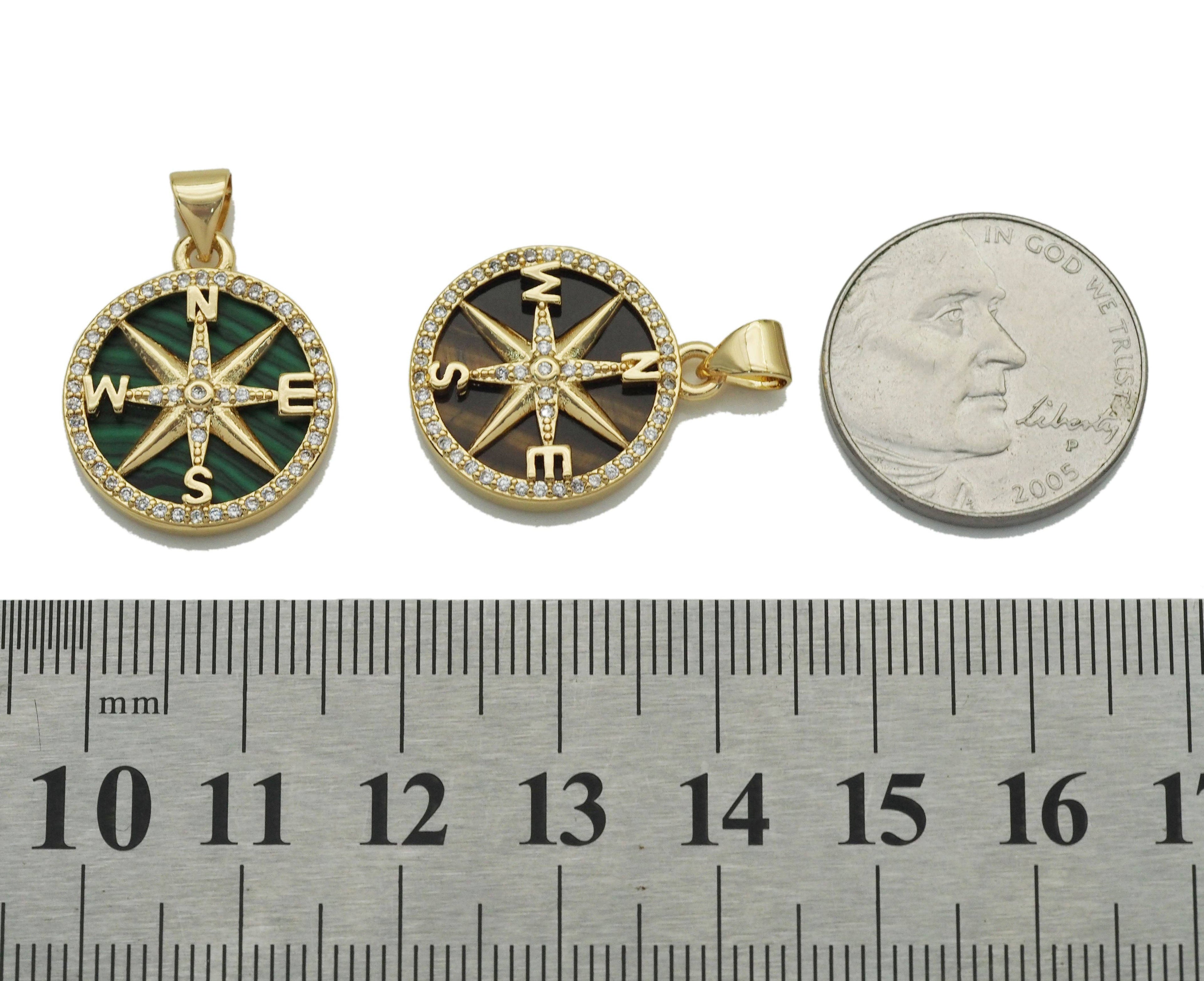 Gold CZ North Star Compass On Round Coin Gemstone Charm, Sku#LX121