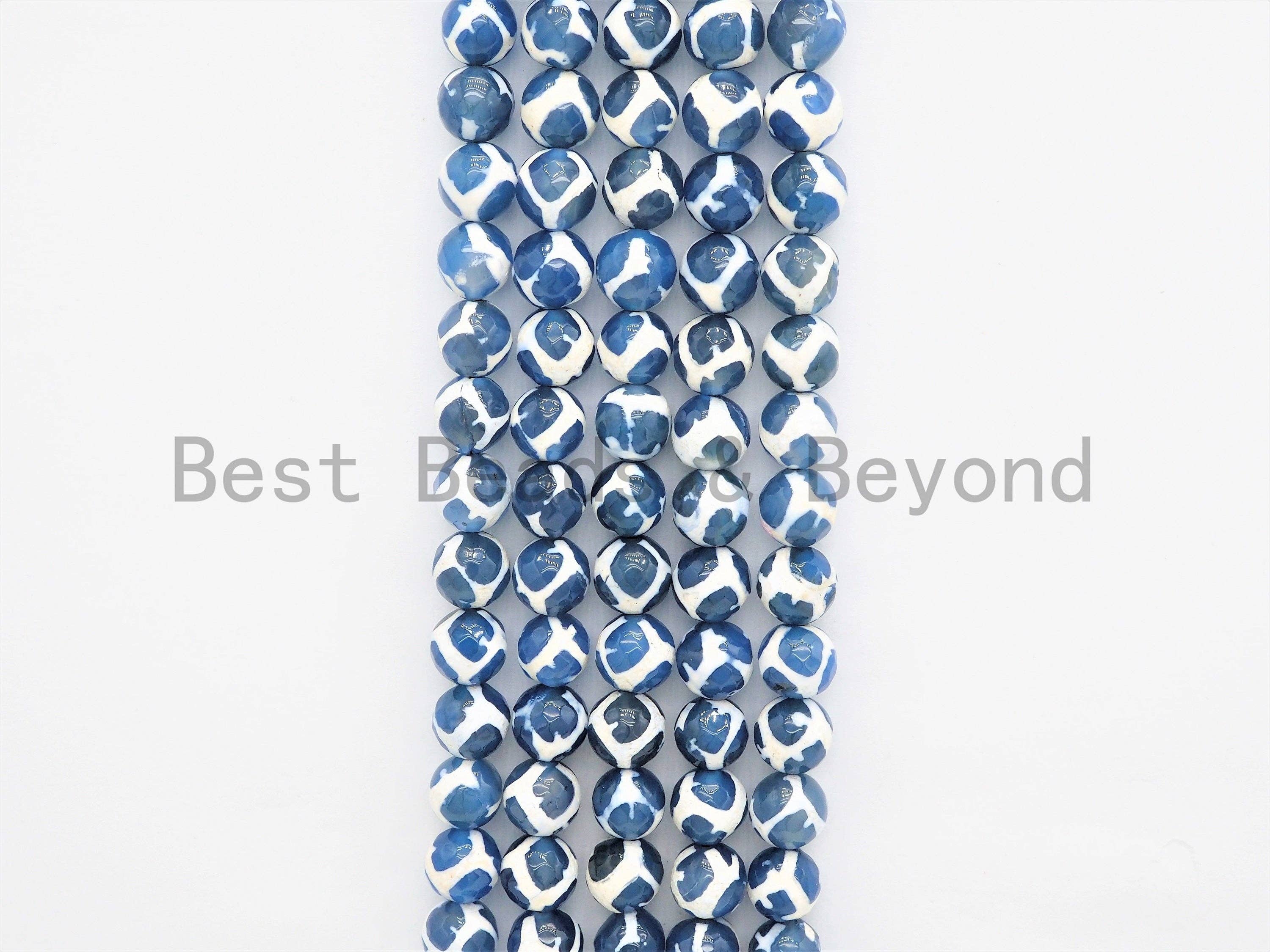 Quality DZI Blue White Agate beads, Round Tibetan Agate Bead, sku#U408