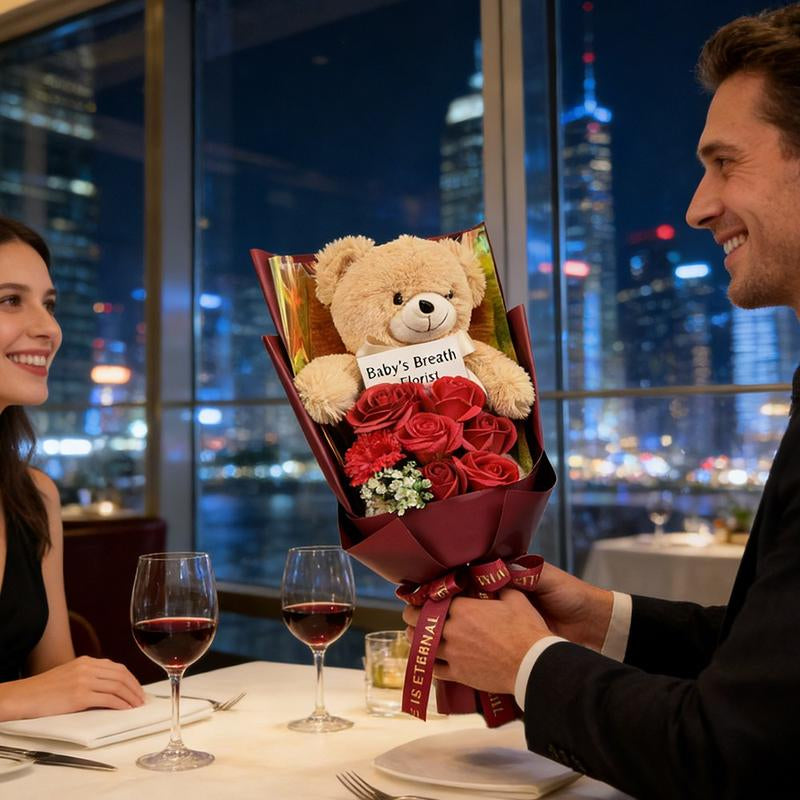 Preserved Rose Bouquet Flowers with Teddy Bear - Celebration, Anniversary, Birthday, Flower Arrangement, Flower Gift, Everlasting Rose, Flowers, for Women,Gift Mother'S Day, Gift Boxes